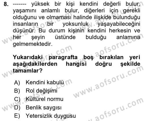Psiko-Sosyal Rehabilitasyon Dersi 2023 - 2024 Yılı Yaz Okulu Sınav Soruları 8. Soru