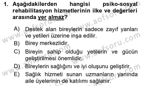 Psiko-Sosyal Rehabilitasyon Dersi 2024 - 2025 Yılı (Final) Dönem Sonu Sınav Soruları 1. Soru