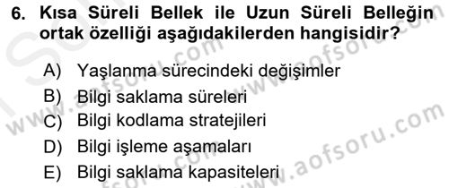 Yaşlı Psikolojisi Dersi 2018 - 2019 Yılı (Final) Dönem Sonu Sınav Soruları 6. Soru