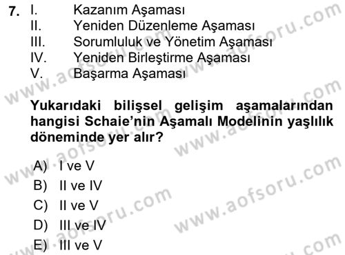 Yaşlı Psikolojisi Dersi 2018 - 2019 Yılı (Final) Dönem Sonu Sınav Soruları 7. Soru