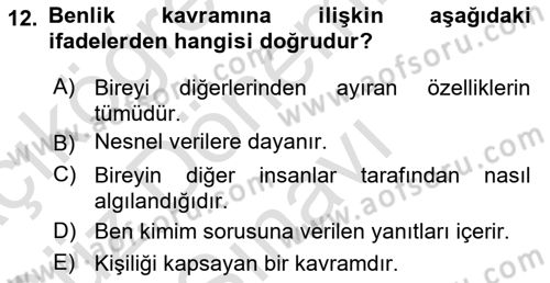 Yaşlı Psikolojisi Dersi 2019 - 2020 Yılı (Final) Dönem Sonu Sınav Soruları 12. Soru