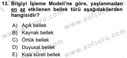 Yaşlı Psikolojisi Dersi 2022 - 2023 Yılı (Final) Dönem Sonu Sınav Soruları 13. Soru