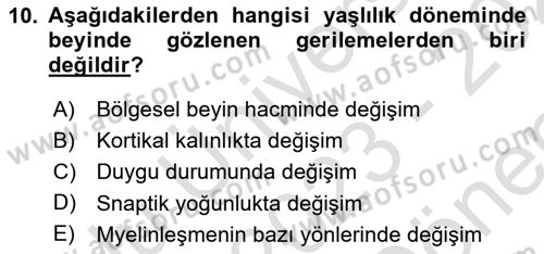 Yaşlı Psikolojisi Dersi 2023 - 2024 Yılı (Final) Dönem Sonu Sınav Soruları 10. Soru
