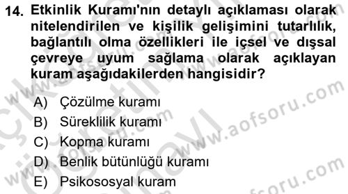 Yaşlı Psikolojisi Dersi 2023 - 2024 Yılı Yaz Okulu Sınav Soruları 14. Soru