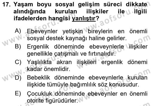 Yaşlı Psikolojisi Dersi 2023 - 2024 Yılı Yaz Okulu Sınav Soruları 17. Soru