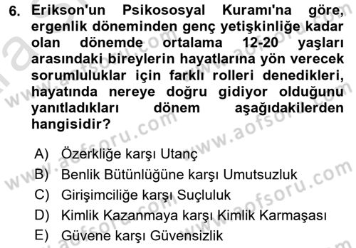 Yaşlı Psikolojisi Dersi 2024 - 2025 Yılı (Vize) Ara Sınavı 6. Soru