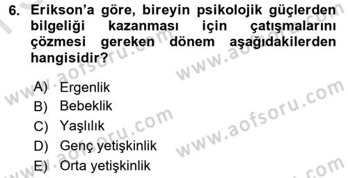 Yaşlı Psikolojisi Dersi 2024 - 2025 Yılı (Final) Dönem Sonu Sınav Soruları 6. Soru