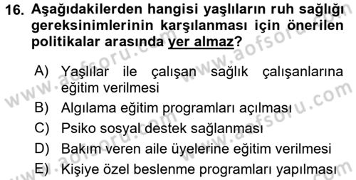 Temel Gerontoloji Dersi 2016 - 2017 Yılı 3 Ders Sınavı 16. Soru