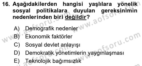 Temel Gerontoloji Dersi 2025 - 2026 Yılı (Final) Dönem Sonu Sınav Soruları 16. Soru