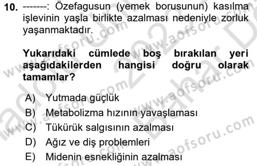 Yaşlı Bakımı İlke Ve Uygulamaları Dersi 2023 - 2024 Yılı (Vize) Ara Sınav Soruları 10. Soru