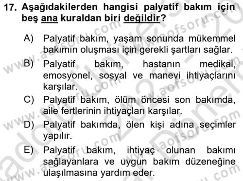 Yaşlı Bakımı İlke Ve Uygulamaları Dersi 2023 - 2024 Yılı (Final) Dönem Sonu Sınav Soruları 17. Soru