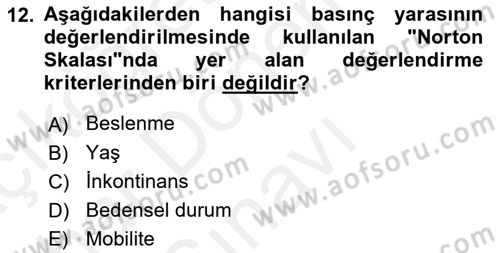 Evde Yaşlı Bakım Hizmetleri Dersi 2018 - 2019 Yılı (Final) Dönem Sonu Sınavı 12. Soru