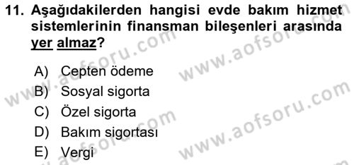 Evde Yaşlı Bakım Hizmetleri Dersi 2023 - 2024 Yılı (Vize) Ara Sınav Soruları 11. Soru