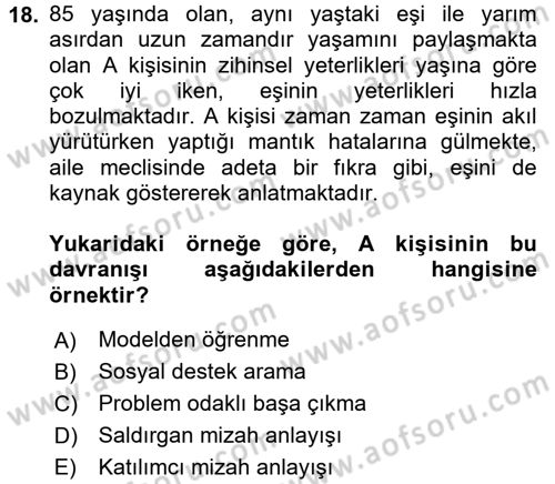 Yaşlılarda Çatışma Ve Stres Yönetimi 1 Dersi 2016 - 2017 Yılı (Vize) Ara Sınav Soruları 18. Soru