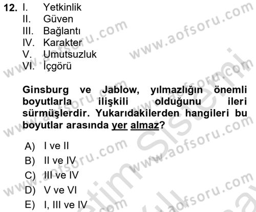 Yaşlılarda Çatışma Ve Stres Yönetimi 1 Dersi 2023 - 2024 Yılı (Final) Dönem Sonu Sınavı 12. Soru