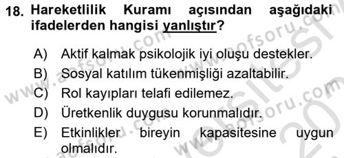 Yaşlılarda Çatışma Ve Stres Yönetimi 1 Dersi 2025 - 2026 Yılı (Final) Dönem Sonu Sınav Soruları 18. Soru