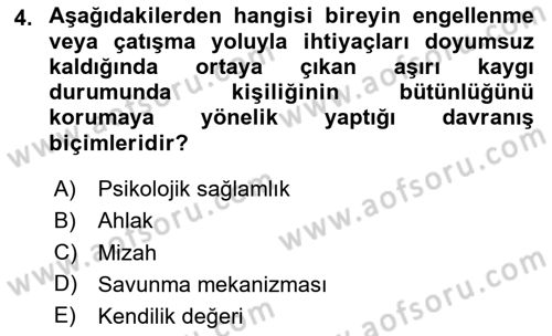 Yaşlılarda Çatışma Ve Stres Yönetimi 2 Dersi 2024 - 2025 Yılı Yaz Okulu Sınav Soruları 4. Soru