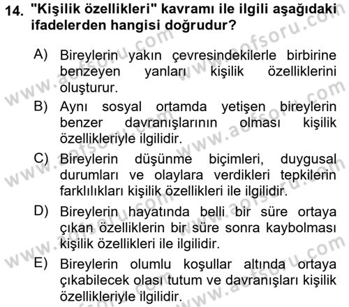 Yaşlılarda Davranış Sorunları Ve Uyum Dersi 2016 - 2017 Yılı (Final) Dönem Sonu Sınav Soruları 14. Soru