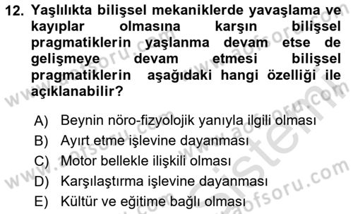 Yaşlılarda Davranış Sorunları Ve Uyum Dersi 2024 - 2025 Yılı (Vize) Ara Sınav Soruları 12. Soru