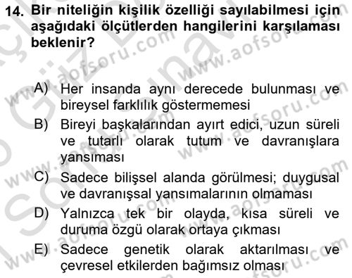 Yaşlılarda Davranış Sorunları Ve Uyum Dersi 2025 - 2026 Yılı (Final) Dönem Sonu Sınav Soruları 14. Soru