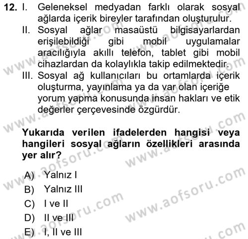 Bilişim Teknolojileri Dersi 2020 - 2021 Yılı Yaz Okulu Sınav Soruları 12. Soru
