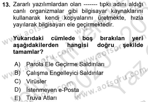 Bilişim Teknolojileri Dersi 2020 - 2021 Yılı Yaz Okulu Sınav Soruları 13. Soru