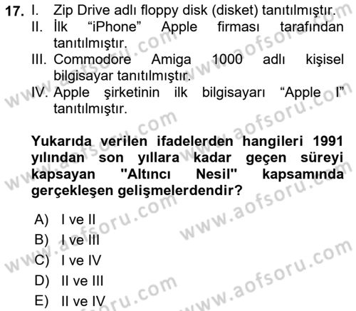 Bilişim Teknolojileri Dersi 2020 - 2021 Yılı Yaz Okulu Sınavı 17. Soru