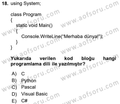Bilişim Teknolojileri Dersi 2020 - 2021 Yılı Yaz Okulu Sınav Soruları 18. Soru