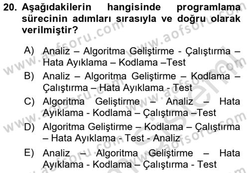 Bilişim Teknolojileri Dersi 2020 - 2021 Yılı Yaz Okulu Sınav Soruları 20. Soru
