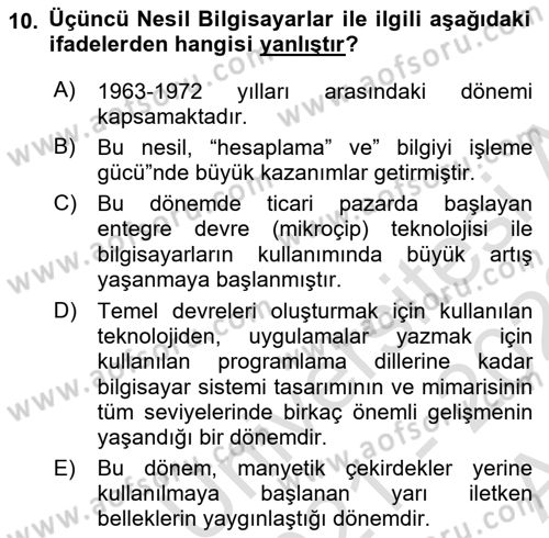 Bilişim Teknolojileri Dersi Ara Sınavı Deneme Sınav Soruları 10. Soru