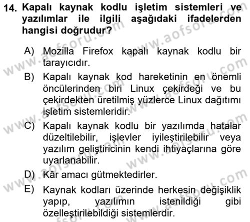 Bilişim Teknolojileri Dersi Ara Sınavı Deneme Sınav Soruları 14. Soru