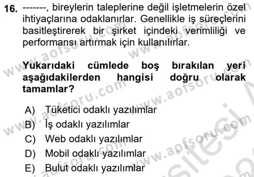 Bilişim Teknolojileri Dersi Ara Sınavı Deneme Sınav Soruları 16. Soru