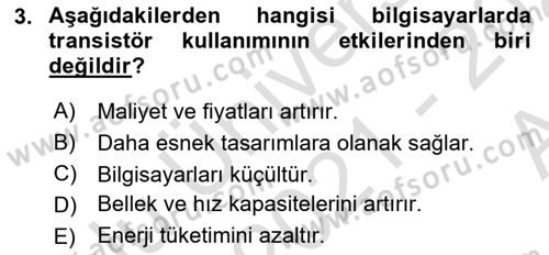 Bilişim Teknolojileri Dersi Ara Sınavı Deneme Sınav Soruları 3. Soru