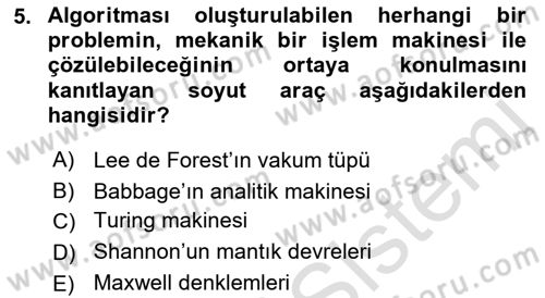 Bilişim Teknolojileri Dersi Ara Sınavı Deneme Sınav Soruları 5. Soru