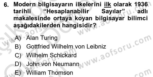 Bilişim Teknolojileri Dersi Ara Sınavı Deneme Sınav Soruları 6. Soru