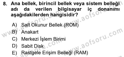 Bilişim Teknolojileri Dersi Ara Sınavı Deneme Sınav Soruları 8. Soru