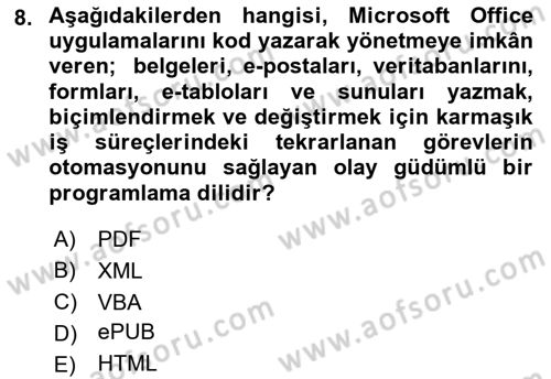 Bilişim Teknolojileri Dersi 2021 - 2022 Yılı (Final) Dönem Sonu Sınav Soruları 8. Soru