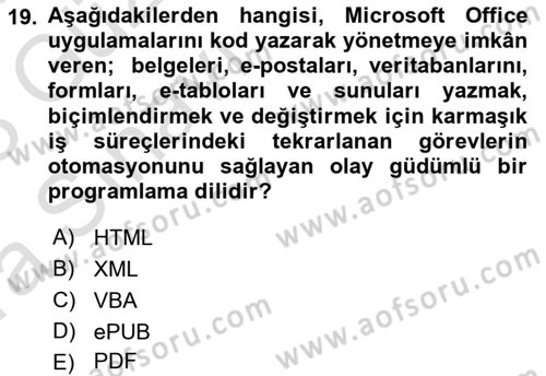 Bilişim Teknolojileri Dersi 2022 - 2023 Yılı (Vize) Ara Sınavı 19. Soru