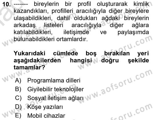 Bilişim Teknolojileri Dersi 2022 - 2023 Yılı Yaz Okulu Sınav Soruları 10. Soru