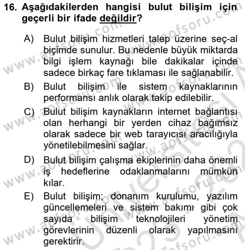 Bilişim Teknolojileri Dersi Ara Sınavı Deneme Sınav Soruları 16. Soru