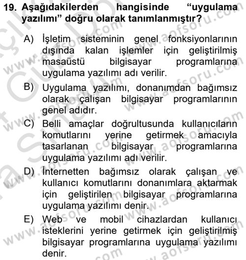 Bilişim Teknolojileri Dersi Ara Sınavı Deneme Sınav Soruları 19. Soru