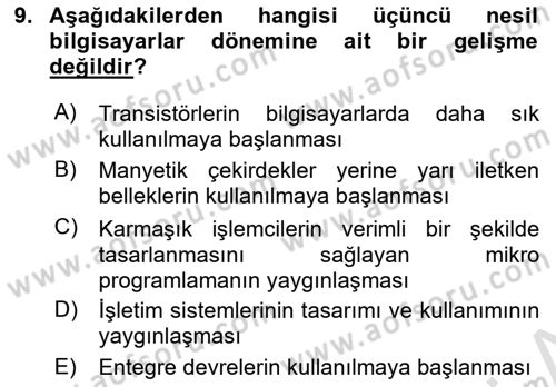 Bilişim Teknolojileri Dersi Ara Sınavı Deneme Sınav Soruları 9. Soru