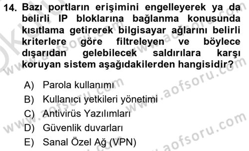 Bilişim Teknolojileri Dersi 2023 - 2024 Yılı Yaz Okulu Sınav Soruları 14. Soru