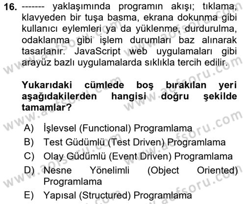 Bilişim Teknolojileri Dersi 2023 - 2024 Yılı Yaz Okulu Sınav Soruları 16. Soru