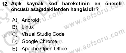 Bilişim Teknolojileri Dersi Ara Sınavı Deneme Sınav Soruları 12. Soru