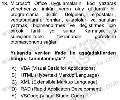 Bilişim Teknolojileri Dersi Ara Sınavı Deneme Sınav Soruları 18. Soru