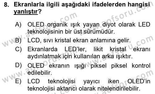 Bilişim Teknolojileri Dersi Ara Sınavı Deneme Sınav Soruları 8. Soru