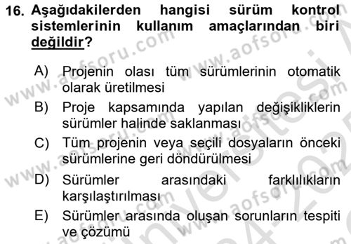 Bilişim Teknolojileri Dersi 2024 - 2025 Yılı Yaz Okulu Sınav Soruları 16. Soru