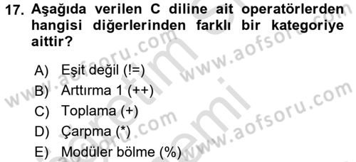 Bilgisayar Ve Programlamaya Giriş Dersi Ara Sınavı Deneme Sınav Soruları 17. Soru
