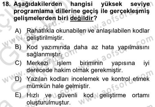 Bilgisayar Ve Programlamaya Giriş Dersi Ara Sınavı Deneme Sınav Soruları 18. Soru